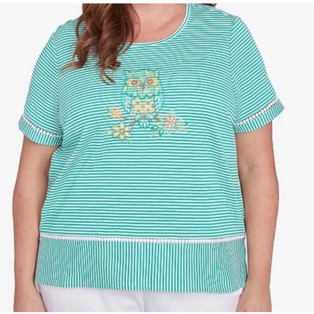 Alfred Dunner Plus Size Classic Owl Knit Green Striped Top Size 3X Shirt Sleeve